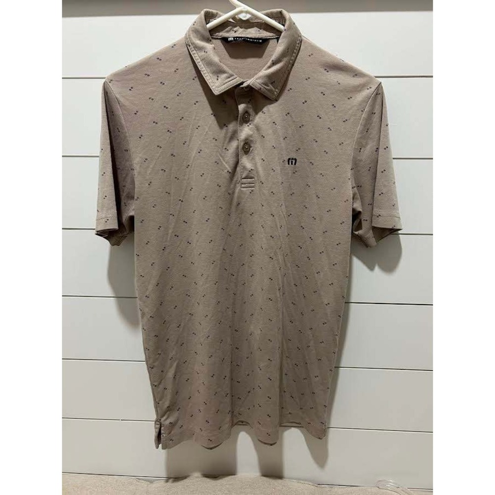 Travis Mathew Mens Tan Geometric Print Short Sleeve Polo Shirt Small Golf